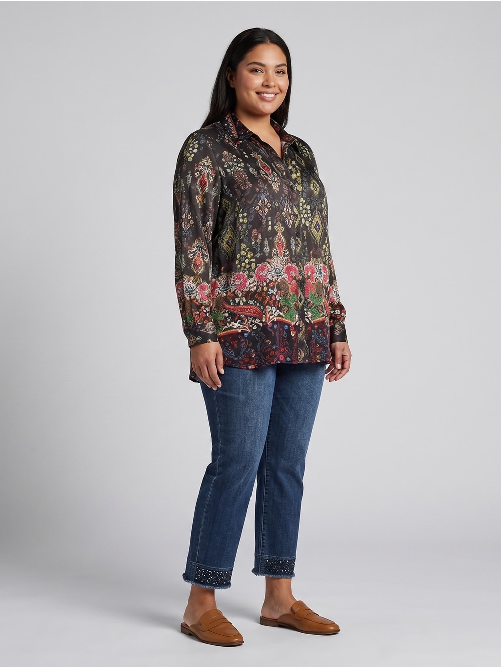 John Mark Silky Satin Velvet Burnout Statement Blouse Plus 1X Bohemian NEW